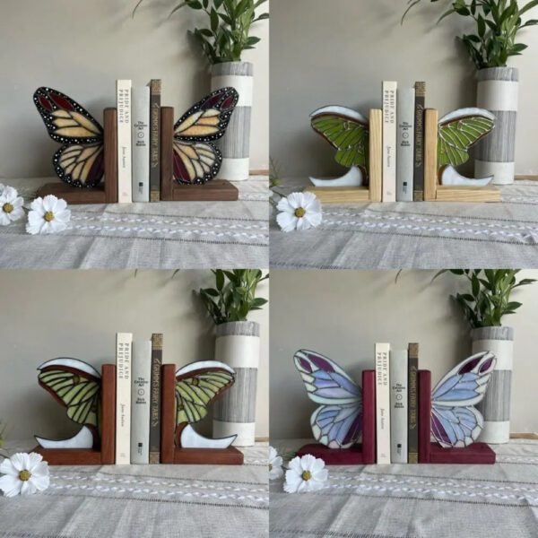 4 Iridescent Glass Butterfly Wing Bookends