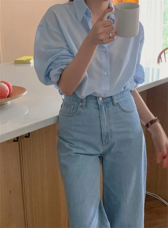 Loose Fit Summer Solid Blue Shirt