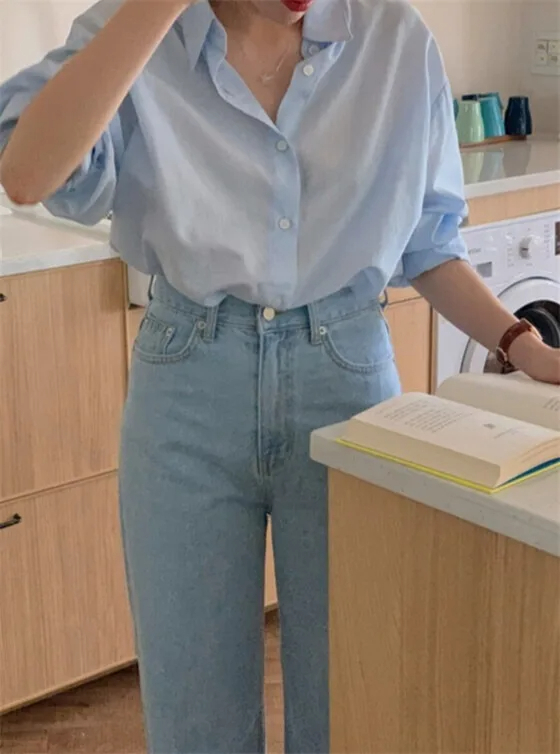 Loose Fit Summer Solid Blue Shirt