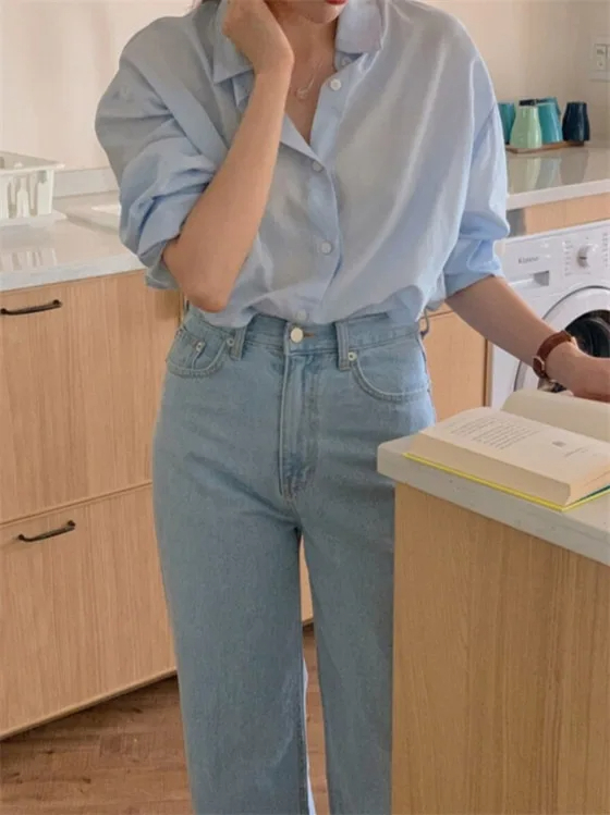 Loose Fit Summer Solid Blue Shirt